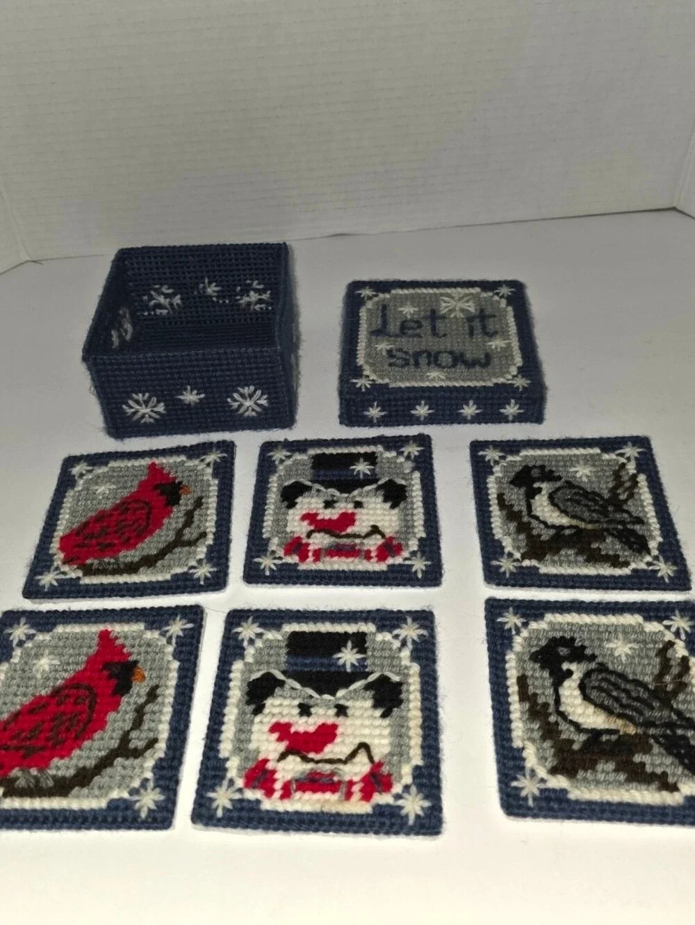 Vintage Mary Maxim Let It Snow Coasters and Holder Plastic Canvas Handmade